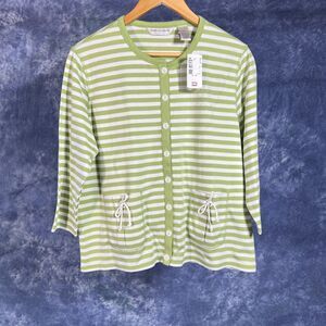 Draper's & Damon's Cardigan Sweater Sz PM Green White Striped Lightweight Pocket